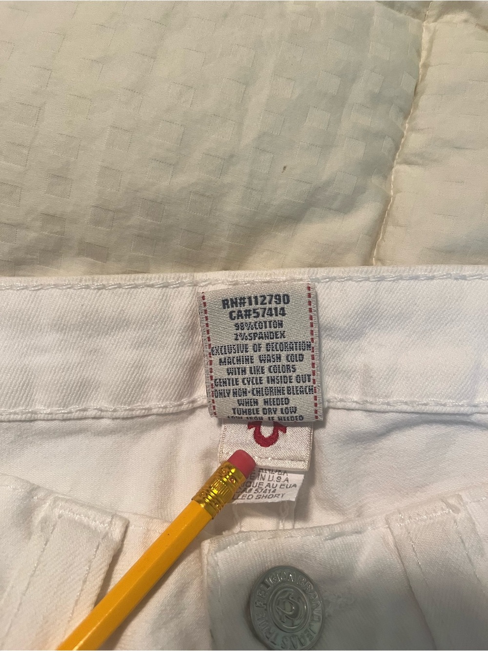 True Religion White Denim Shorts with Light Blue Scroll Print - Picture 6 of 12